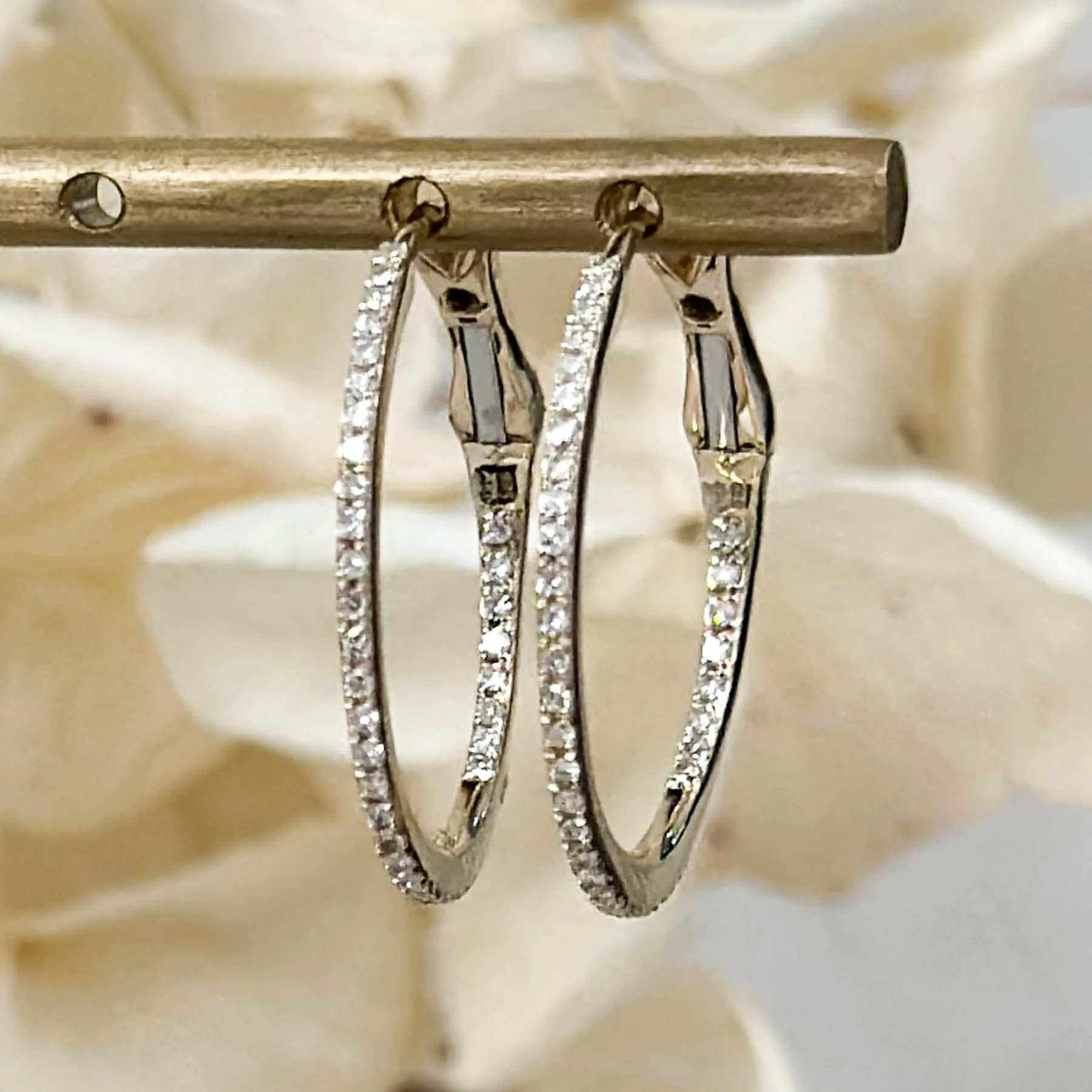 14K Diamond Thin Round Hoops - 3/4 Inch