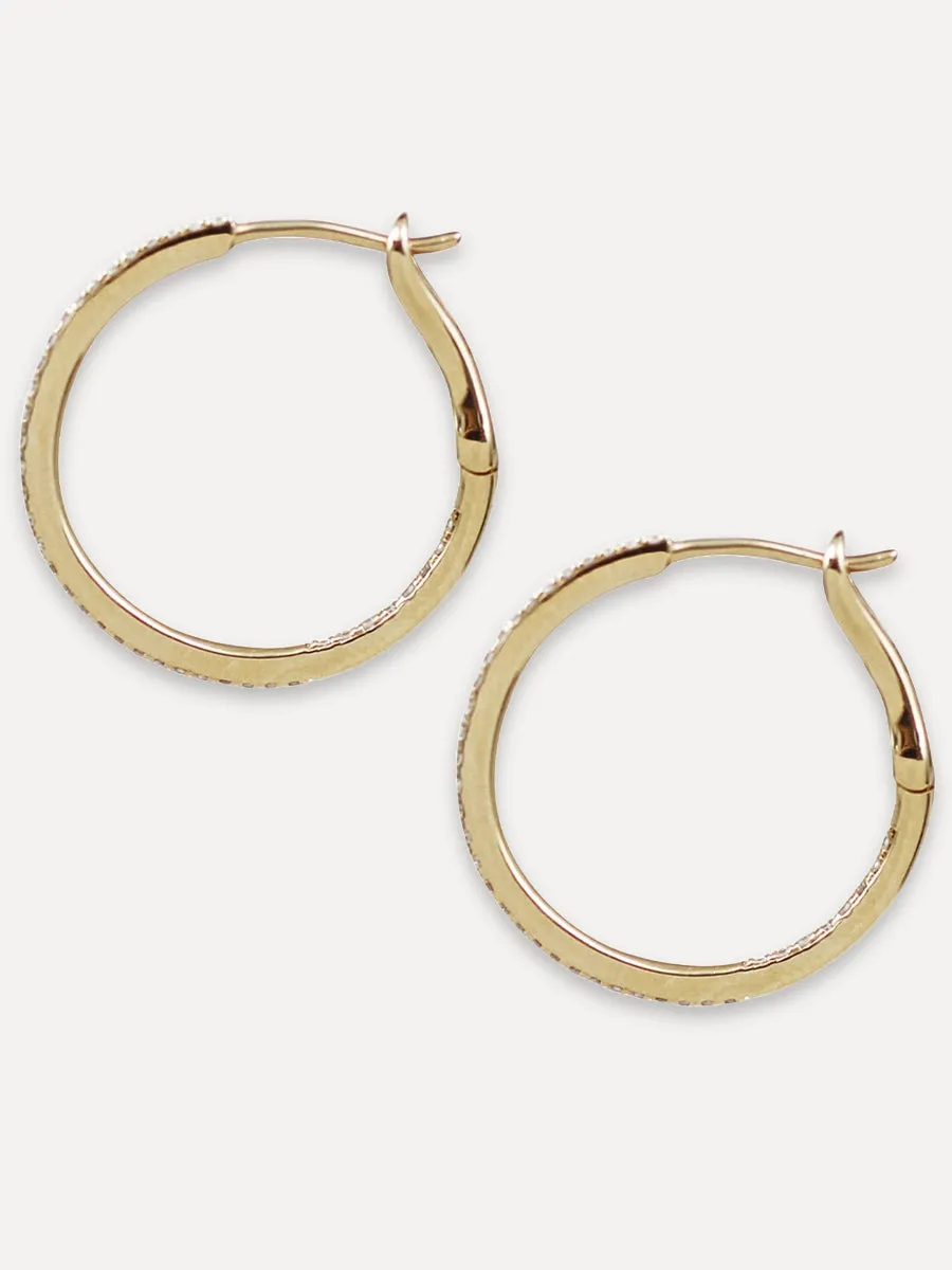 14K Diamond Thin Round Hoops - 3/4 Inch