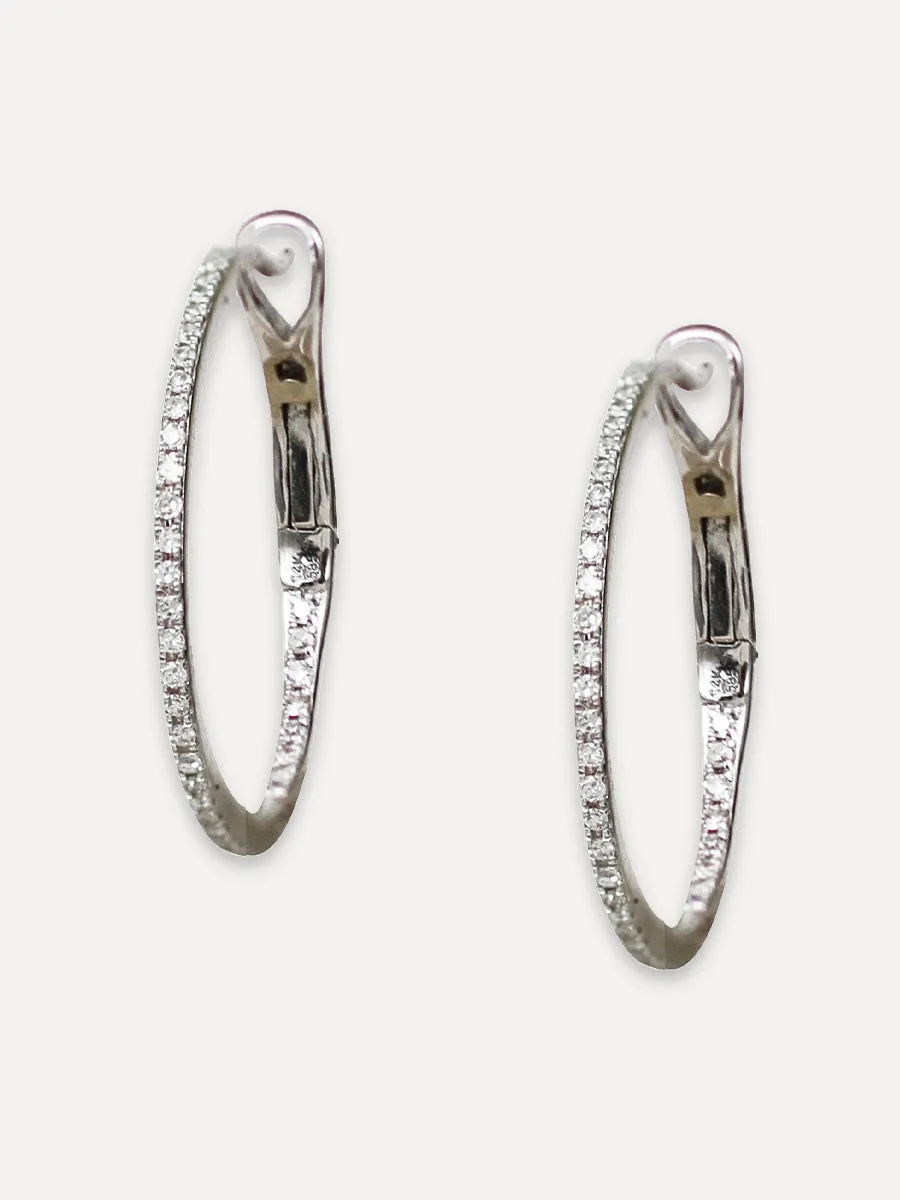 14K Diamond Thin Round Hoops - 3/4 Inch