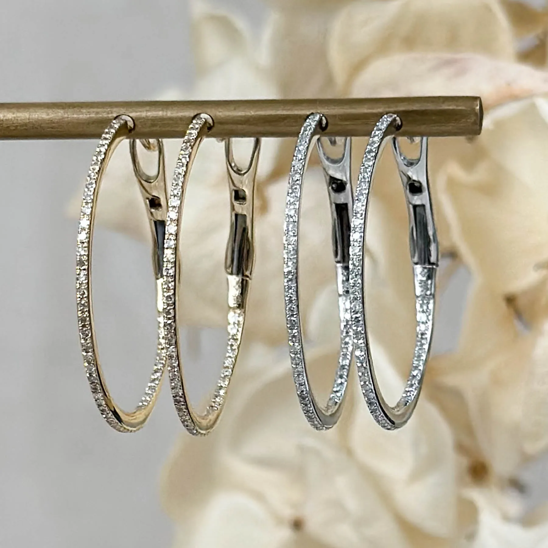 14K Diamond Thin Round Hoops - 3/4 Inch