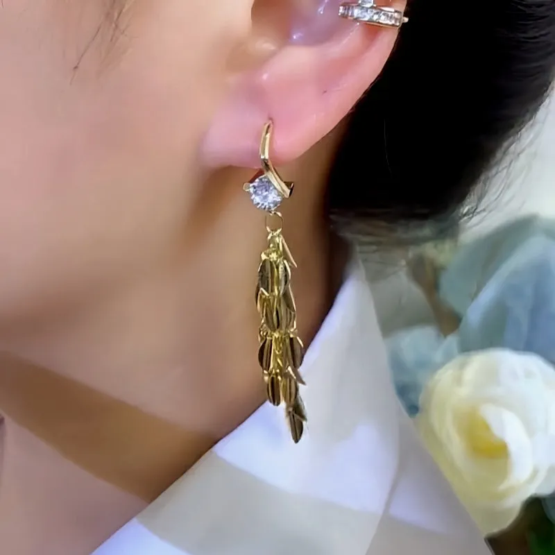 14K Gold-plated Exquisite Zircon Wheat Tassel Earrings