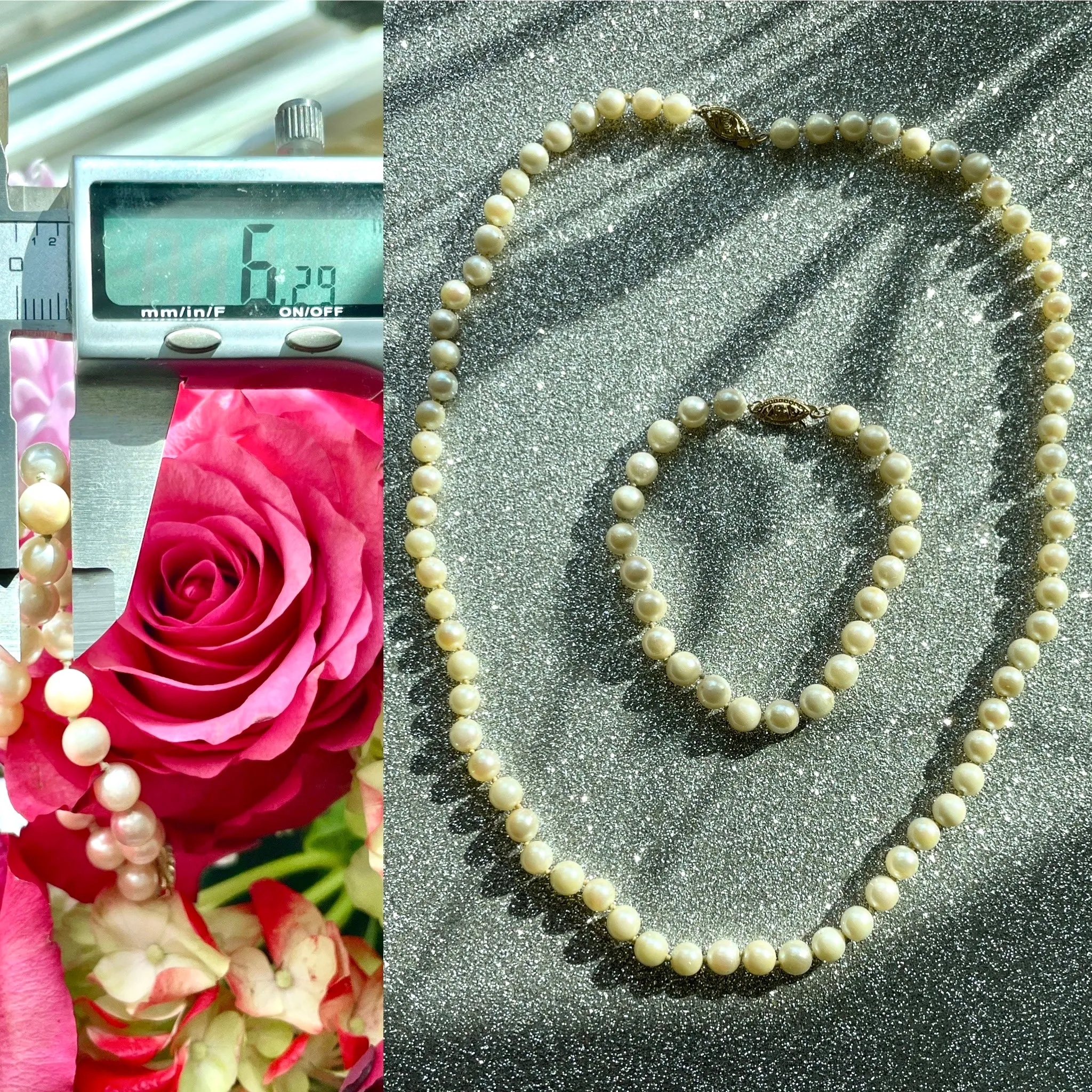 14K Yellow Gold Signed Vintage Pearl 5.8-6.2mm 14Kt Necklace & Bracelet Set 27g 