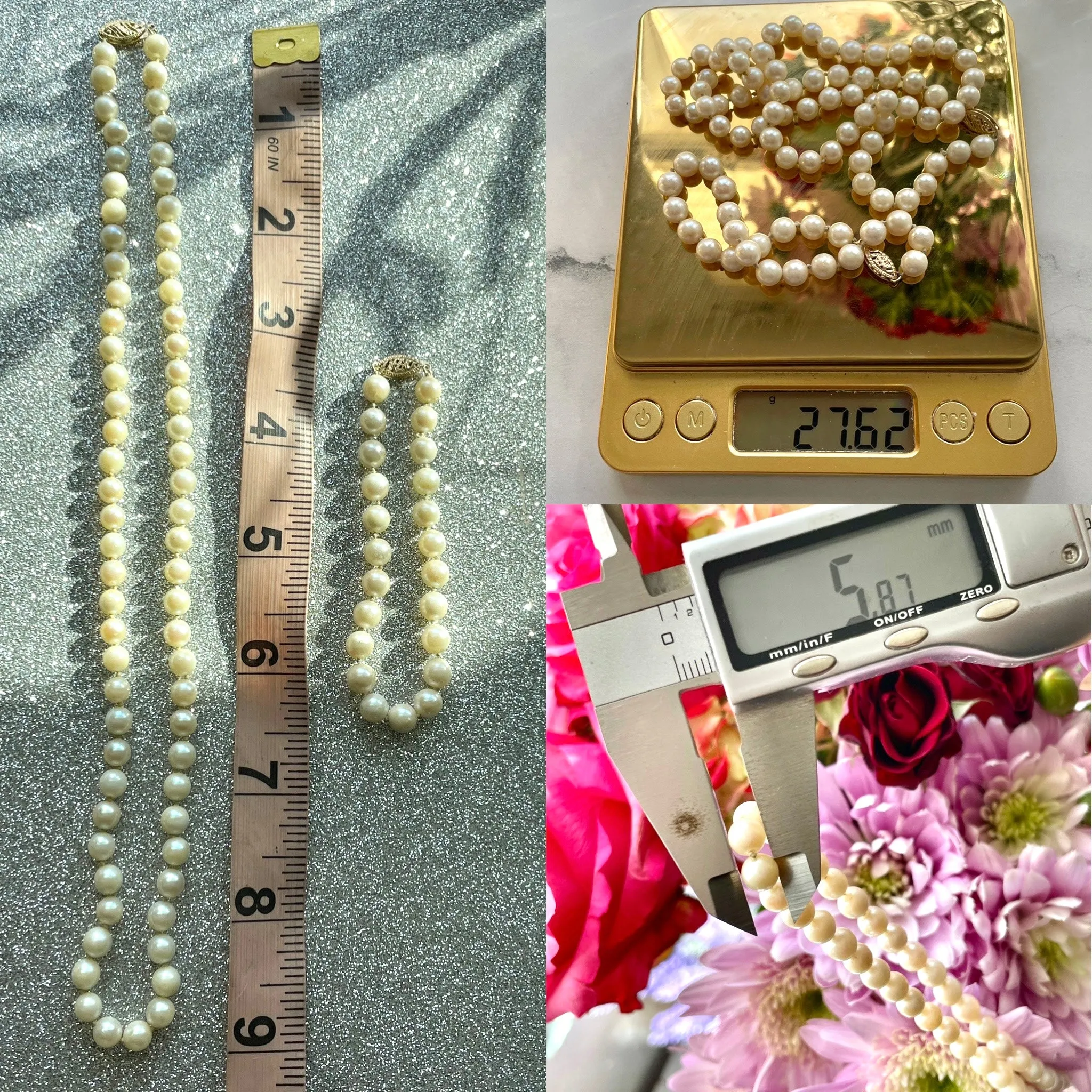 14K Yellow Gold Signed Vintage Pearl 5.8-6.2mm 14Kt Necklace & Bracelet Set 27g 