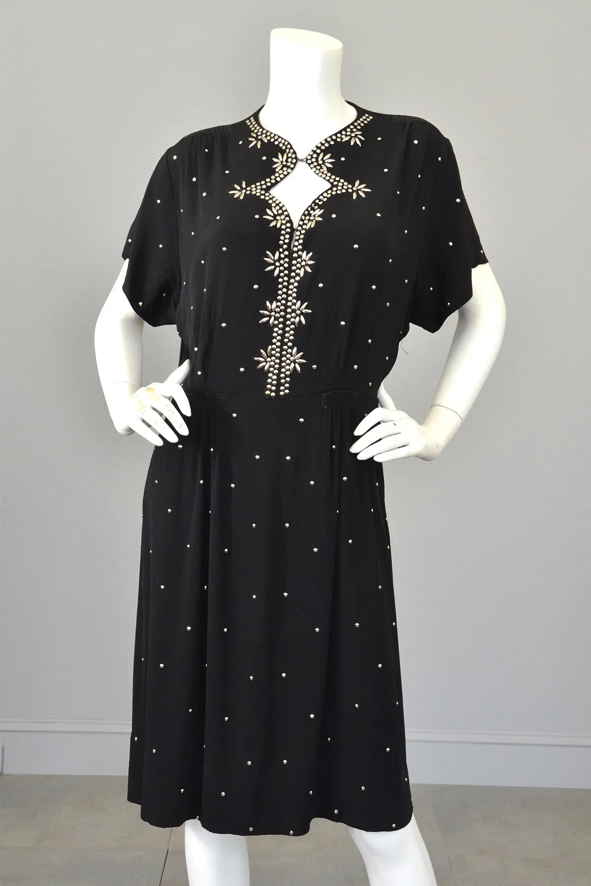 1930s 40s Studded Black Crepe Keyhole Neckline Vintage Dress,  Size L