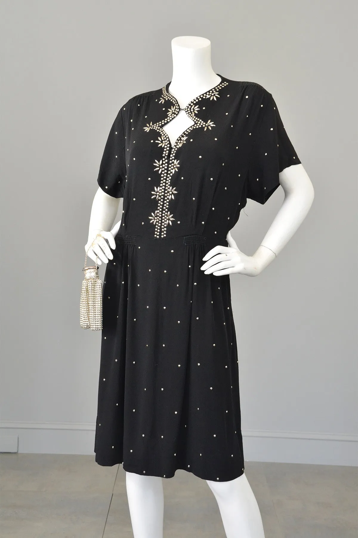 1930s 40s Studded Black Crepe Keyhole Neckline Vintage Dress,  Size L