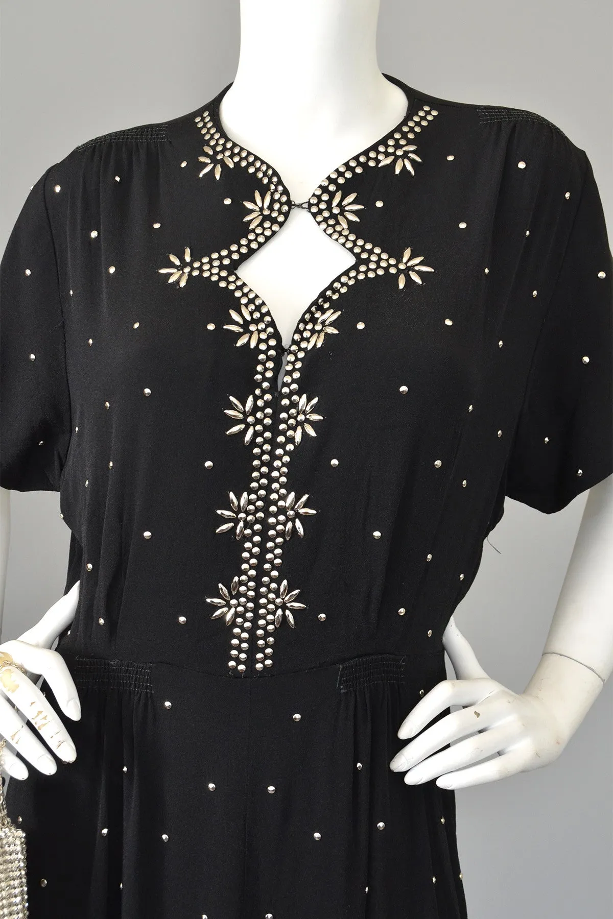 1930s 40s Studded Black Crepe Keyhole Neckline Vintage Dress,  Size L