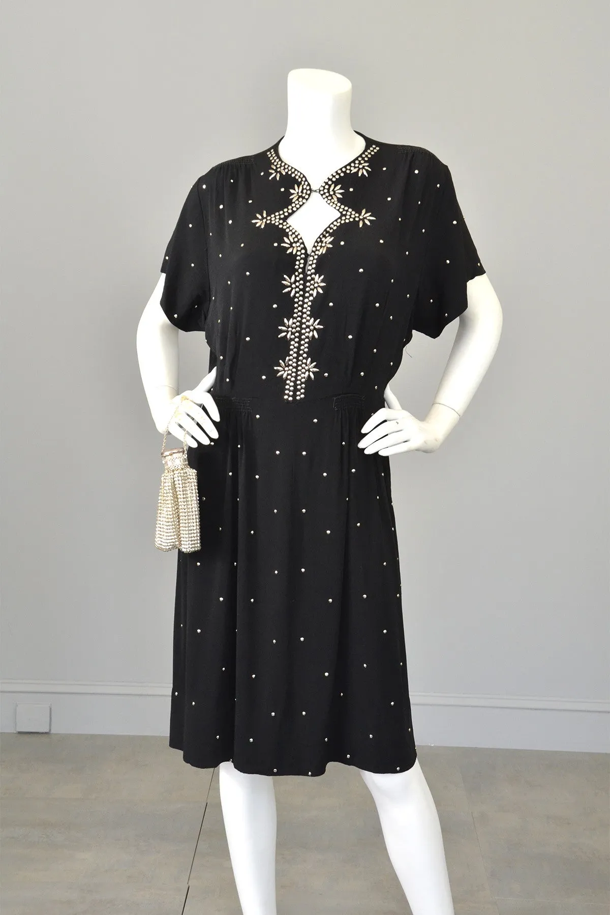 1930s 40s Studded Black Crepe Keyhole Neckline Vintage Dress,  Size L