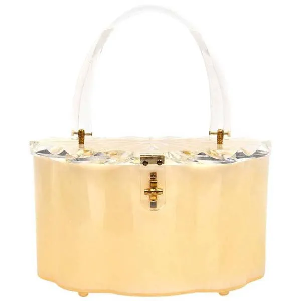 1950s Scalloped Cream Pearlized and Clear Lucite Purse