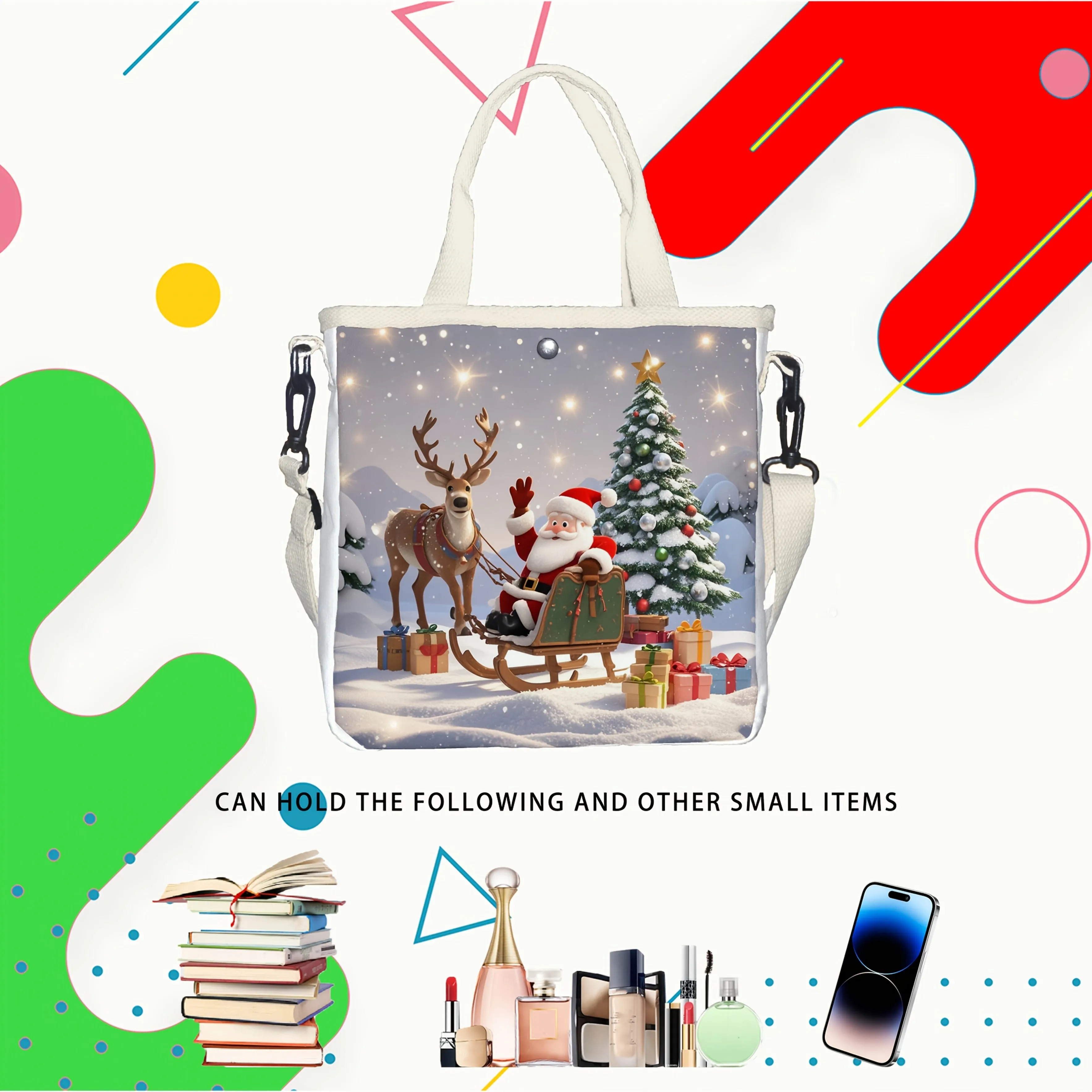 1pc Christmas Canvas Tote Bag with Santa and Reindeer Print, Casual Foldable Handbag with Adjustable Strap, Hollow Ruched Design, Snap Closure, Unlined - Ideal for Gifts and Outings