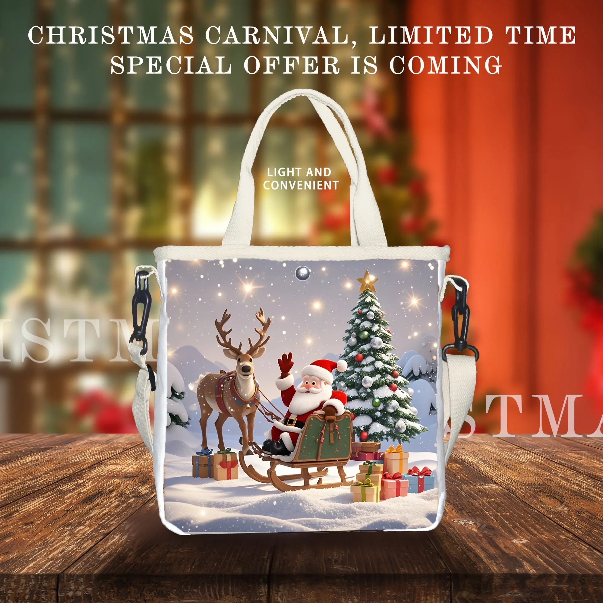 1pc Christmas Canvas Tote Bag with Santa and Reindeer Print, Casual Foldable Handbag with Adjustable Strap, Hollow Ruched Design, Snap Closure, Unlined - Ideal for Gifts and Outings