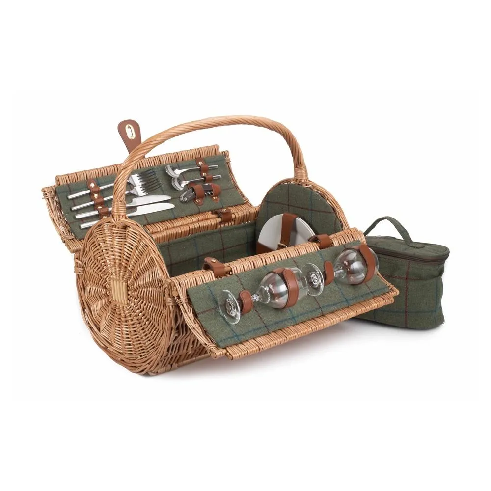 2 Person Green Tweed Barrel Wicker Picnic Basket