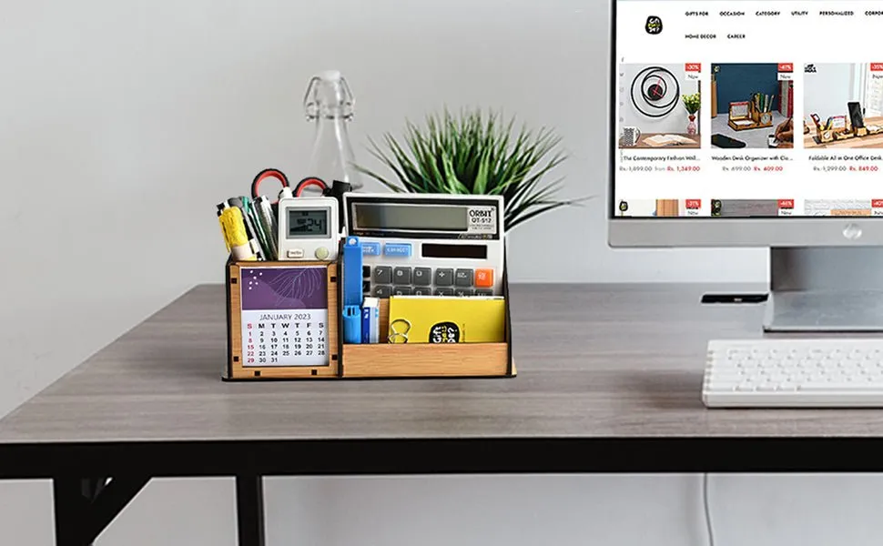 3 Compartment Desk Organizer With 2025 Calendar | Desk Calendar | Desk Accessories