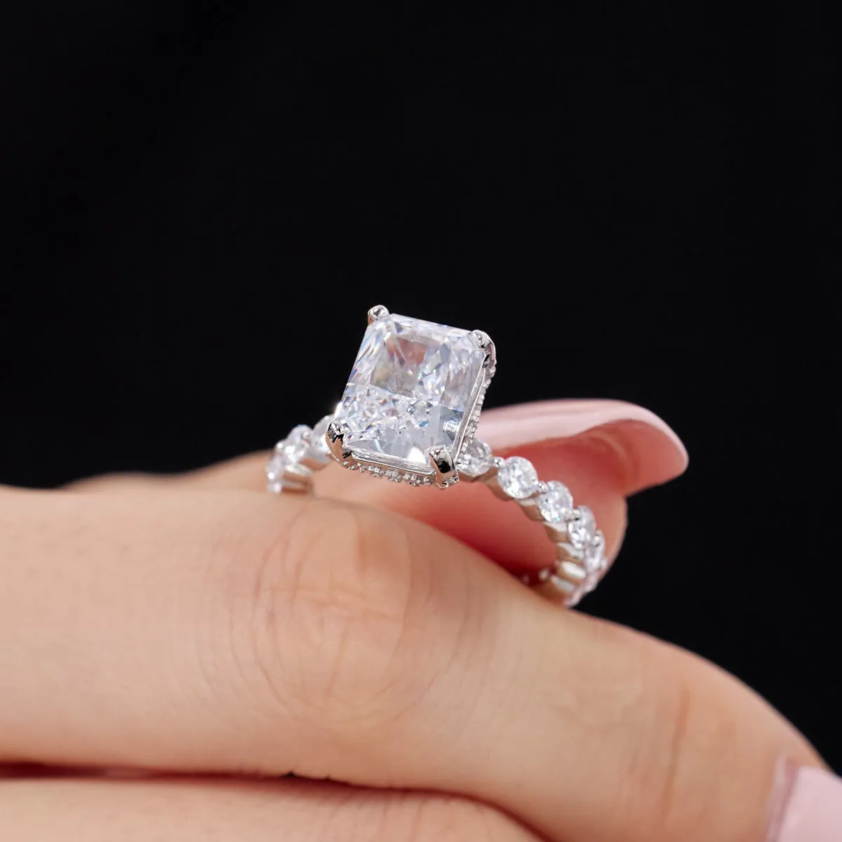 4 Carat Radiant Cut Hidden Halo Round Side Stone Engagement Ring