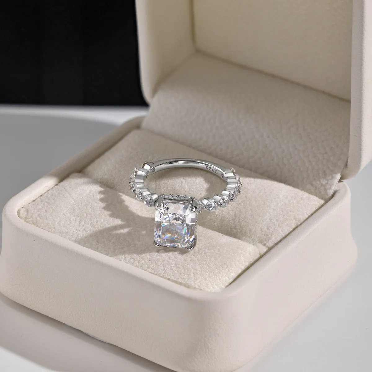 4 Carat Radiant Cut Hidden Halo Round Side Stone Engagement Ring