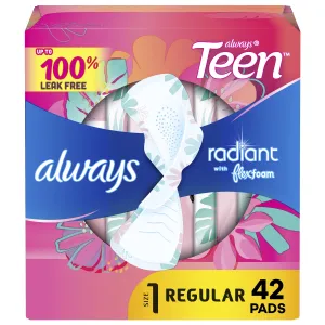 Always Radiant Teen Pads with Wings, Size 1, Regular Absorbency, 42 CT