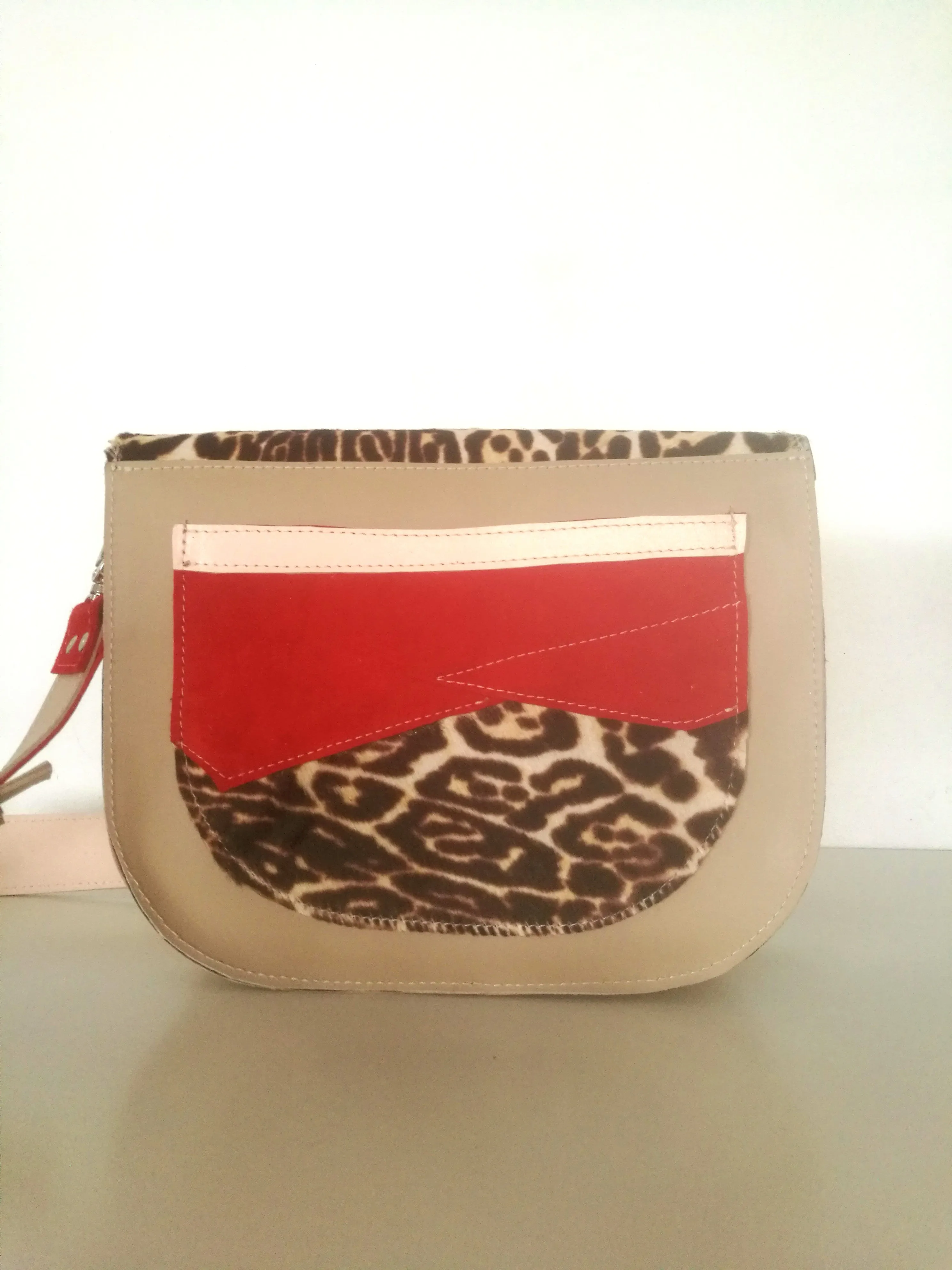 Animal Print Leather Bag Beige Mini Saddle Bag