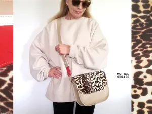 Animal Print Leather Bag Beige Mini Saddle Bag