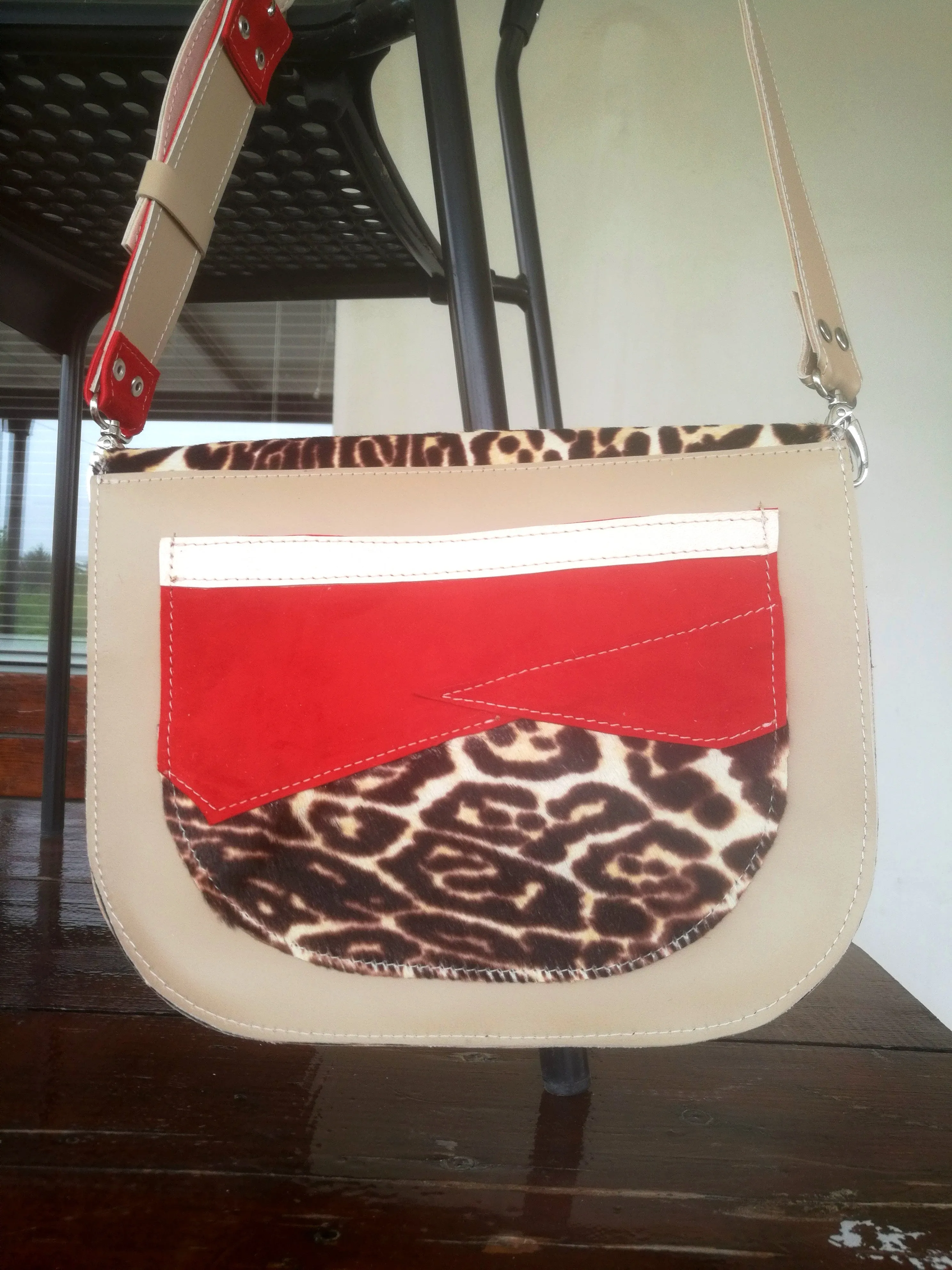 Animal Print Leather Bag Beige Mini Saddle Bag