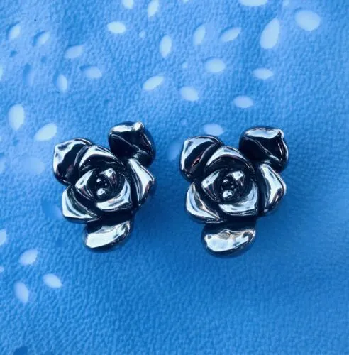 Antique Signed Israel Artisan Sterling Silver Rose Pierced Earrings