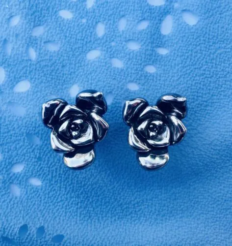 Antique Signed Israel Artisan Sterling Silver Rose Pierced Earrings