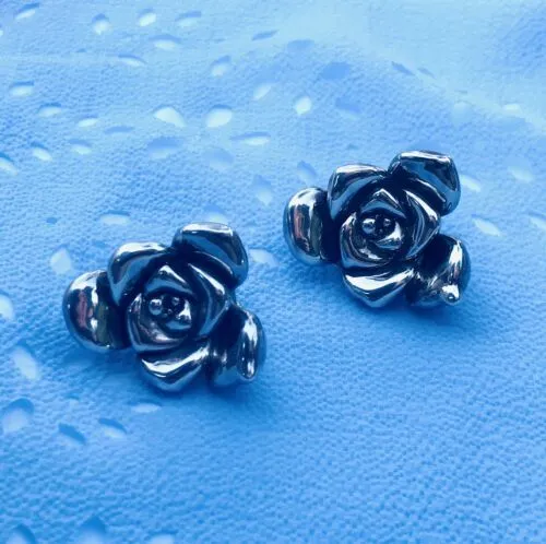 Antique Signed Israel Artisan Sterling Silver Rose Pierced Earrings