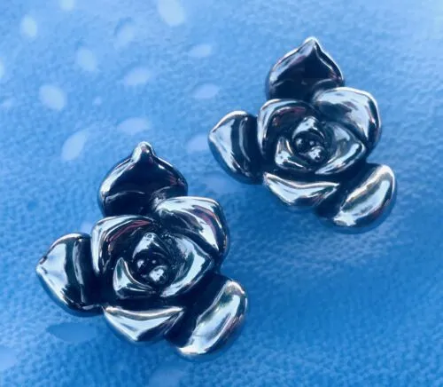 Antique Signed Israel Artisan Sterling Silver Rose Pierced Earrings