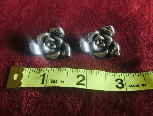 Antique Signed Israel Artisan Sterling Silver Rose Pierced Earrings