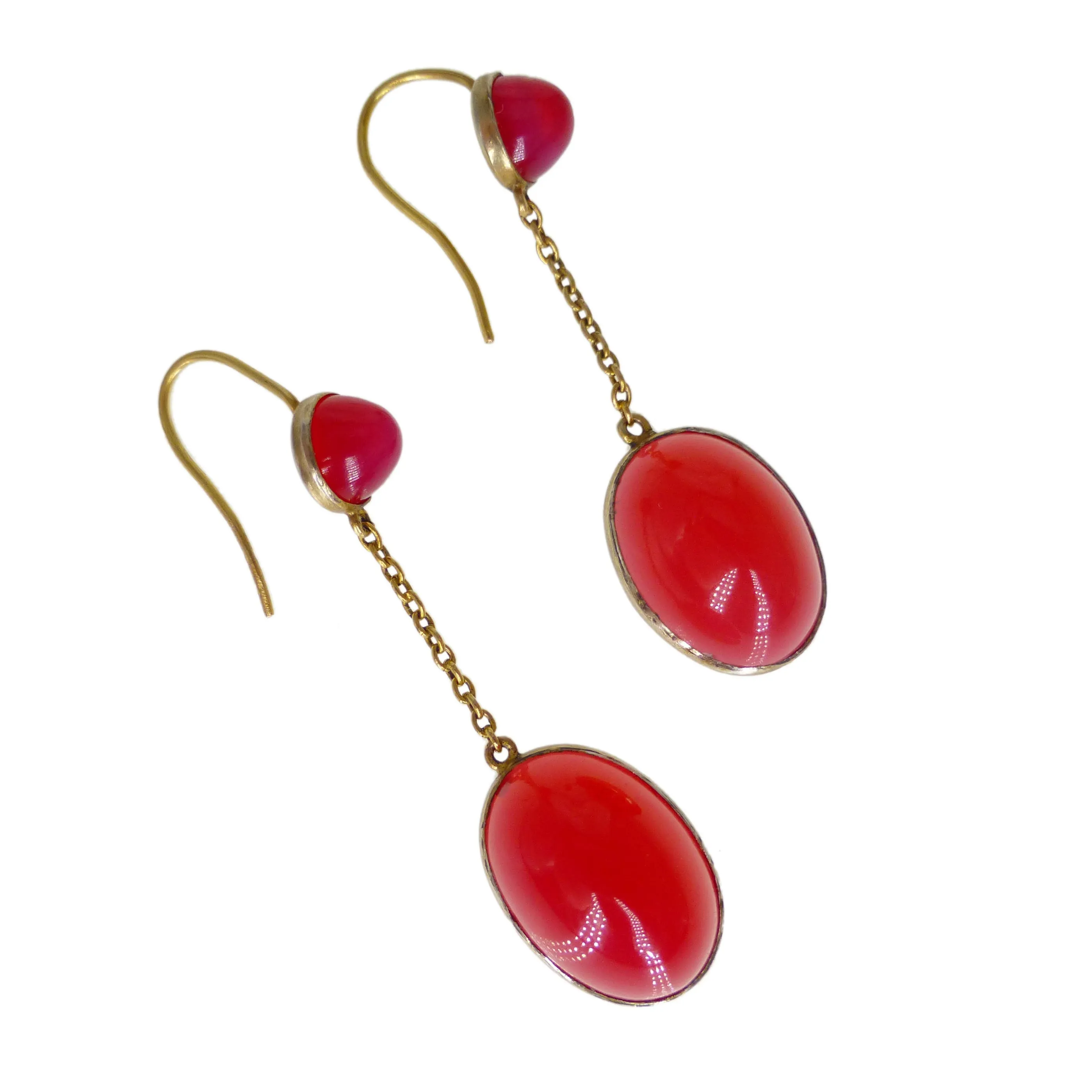 Antique Silver Gilt Cranberry Chalcedony Drop Earrings