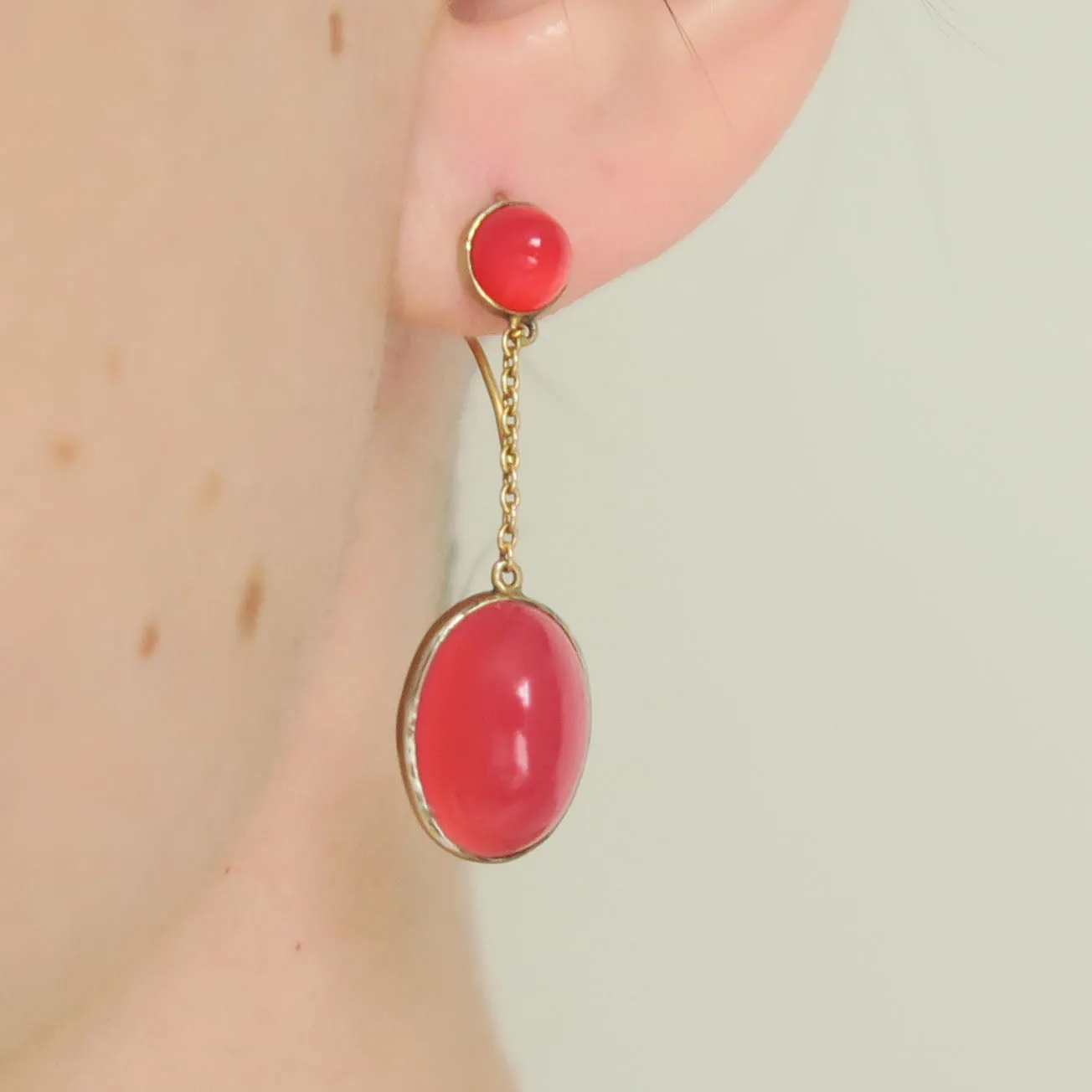 Antique Silver Gilt Cranberry Chalcedony Drop Earrings