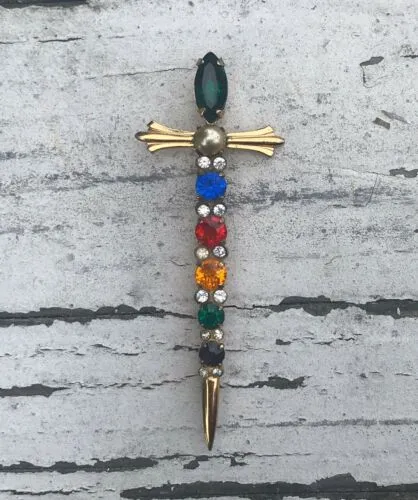 Antique Sterling Silver 925 Vermeil Gold Tone Jewel Multi Color Sword Pin Brooch