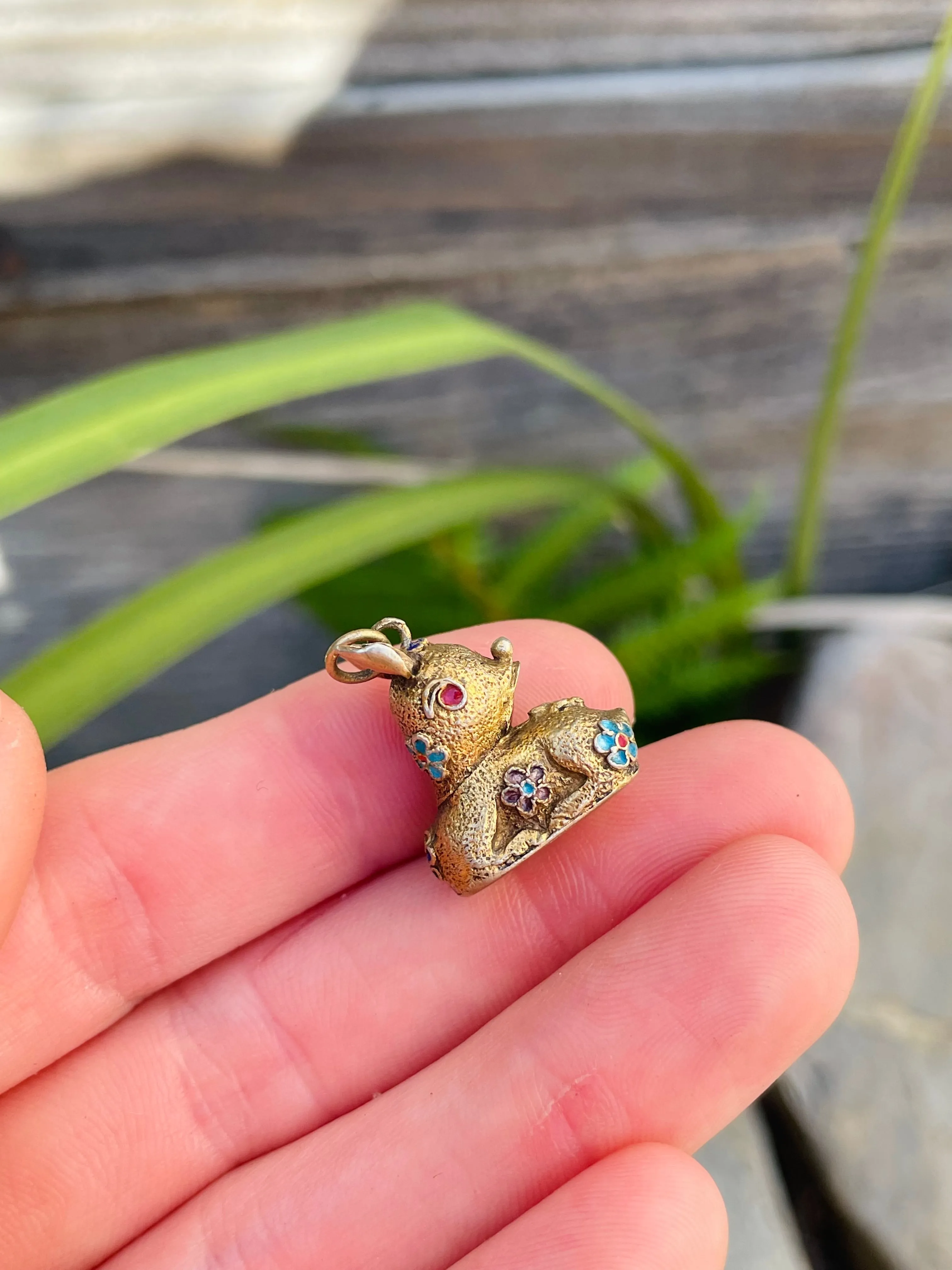 Antique Sterling Silver Gold Tone Baby Deer Enamel Flowers Charm Pendant 3g