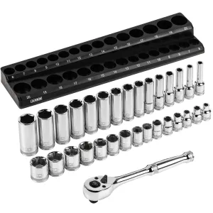 ARES 47004 - 32-Piece 3/8-inch Drive Metric Socket and 90-Tooth Ratchet Set with Magnetic Organizer