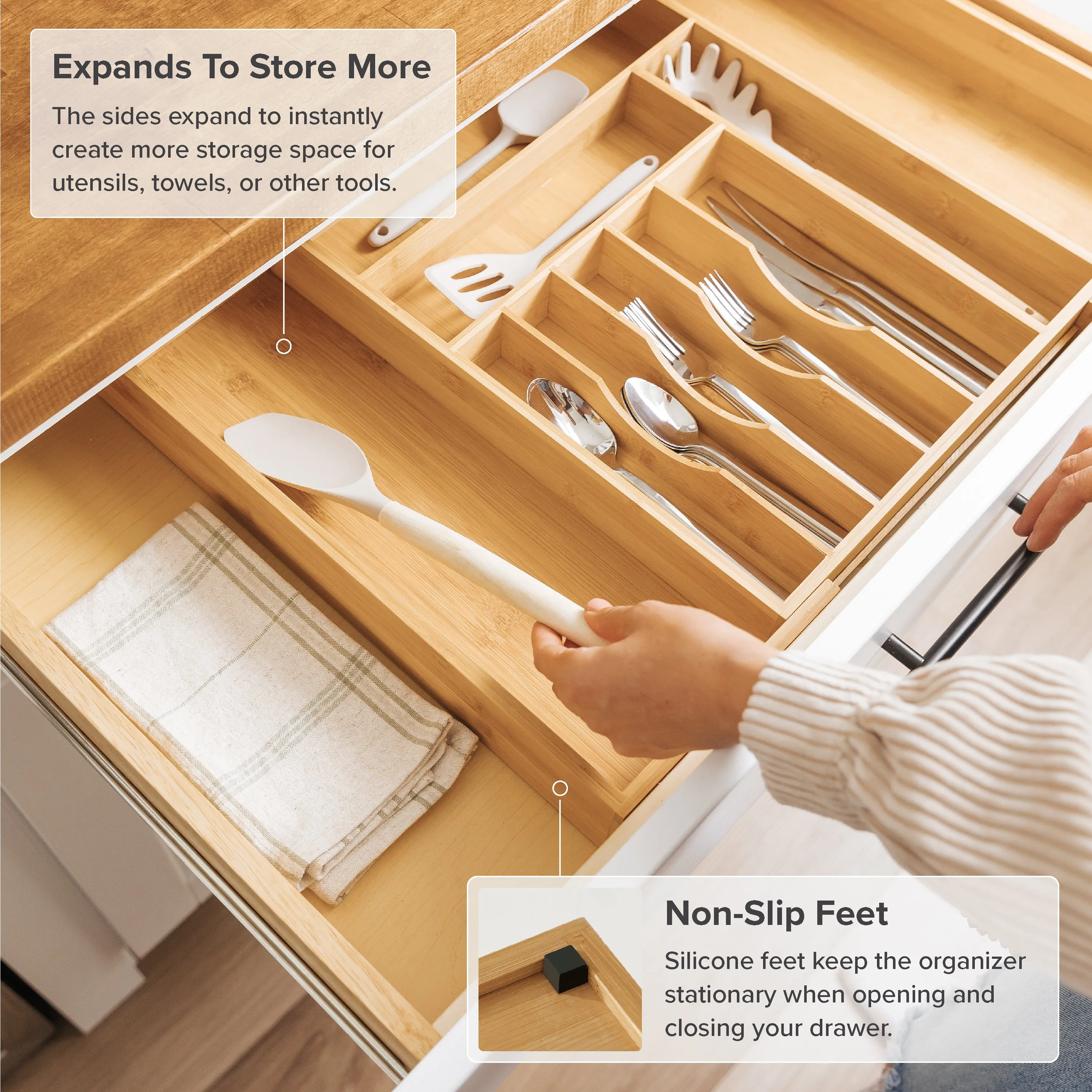 Bamboo Drawer Organizer for Silverware & Utensils (Expands 14.75-25in)