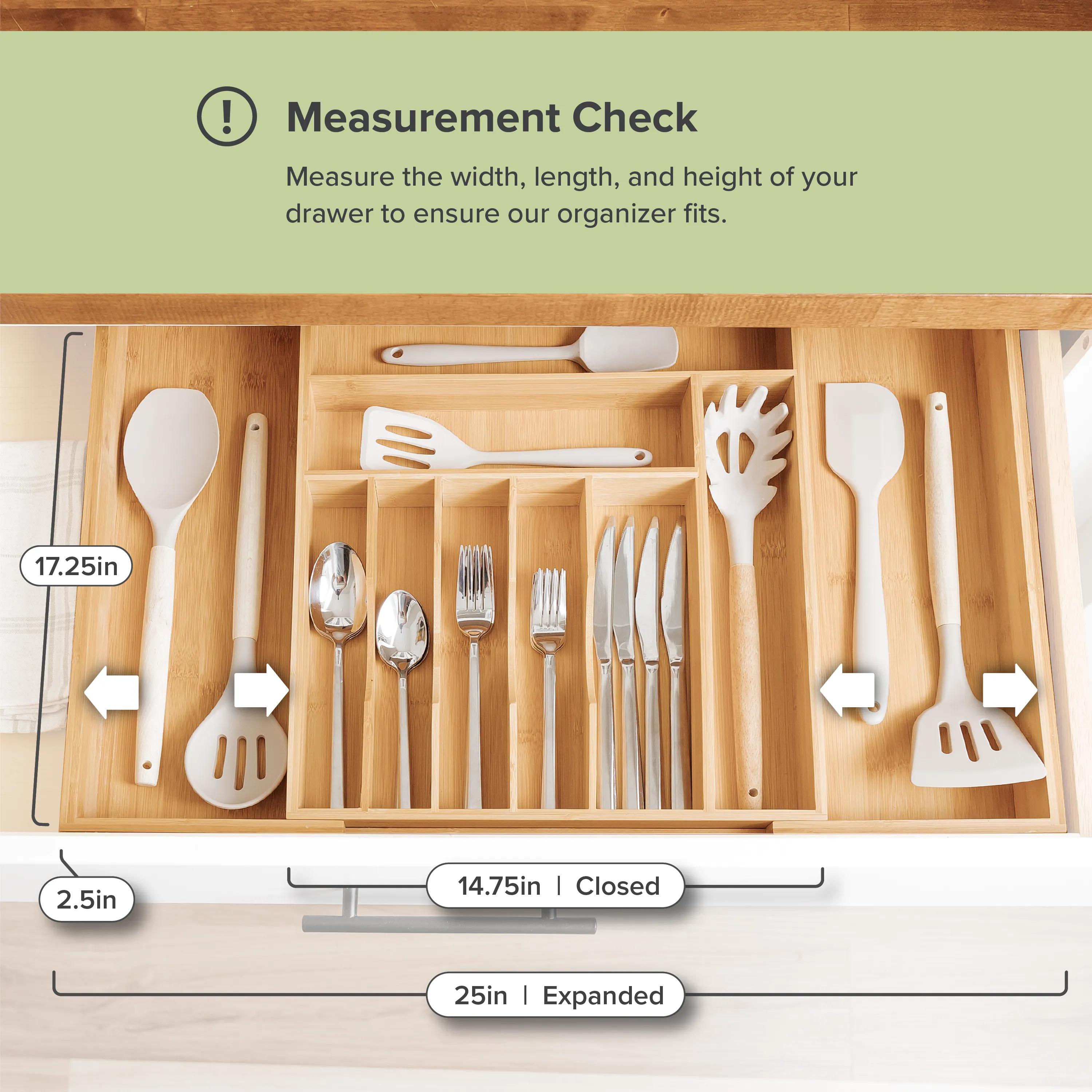 Bamboo Drawer Organizer for Silverware & Utensils (Expands 14.75-25in)