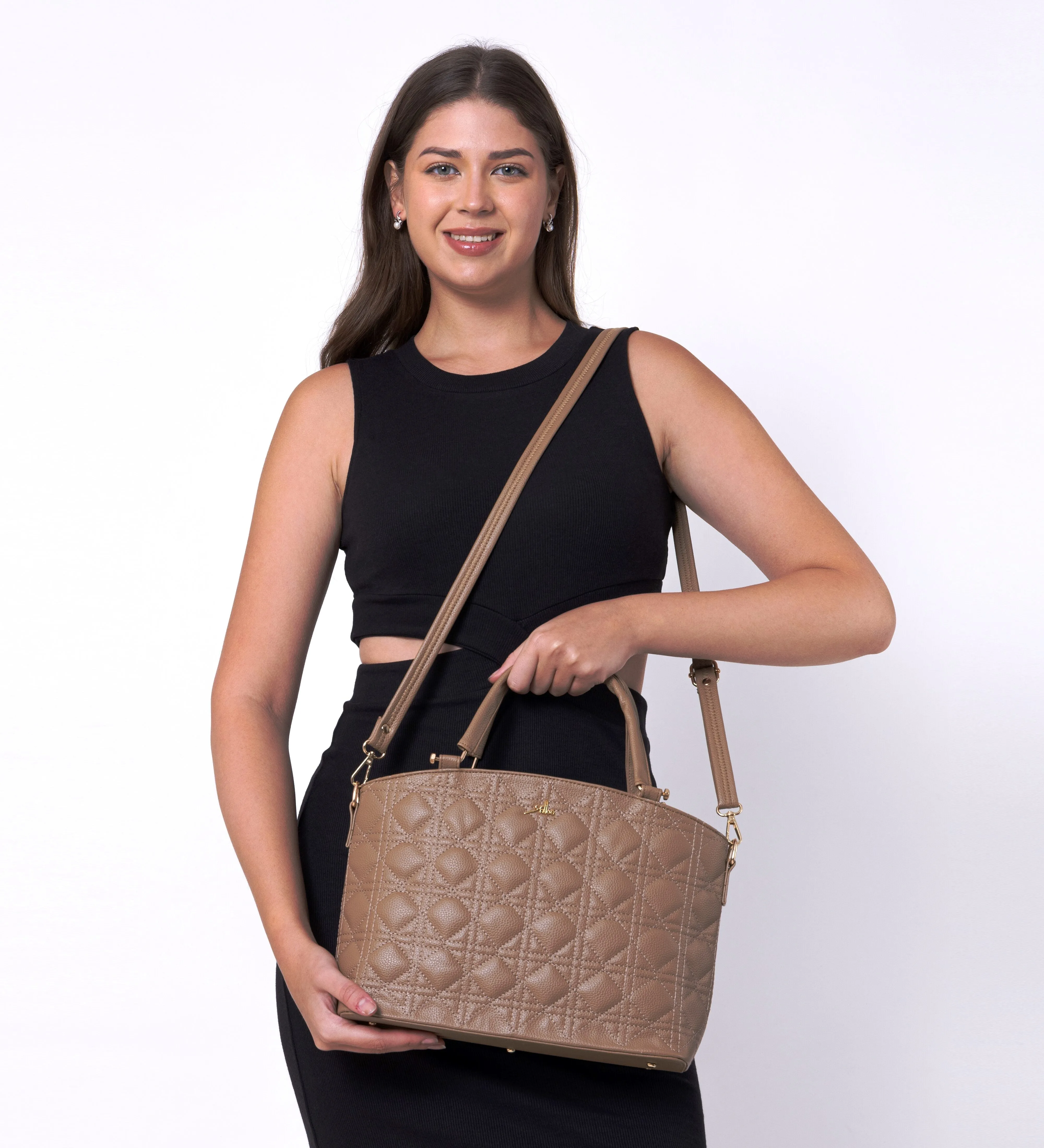 Beige Spacious Quilted Hand Bag