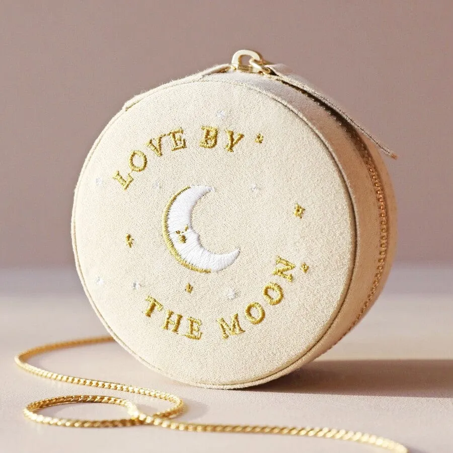 Beige Sun and Moon Embroidered Round Jewelry Box