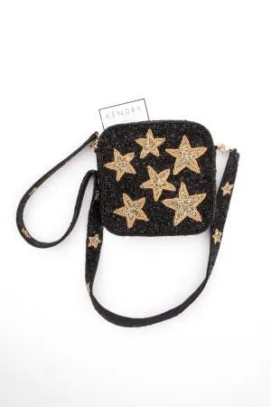 Black and Gold Stars Beaded Square Purse