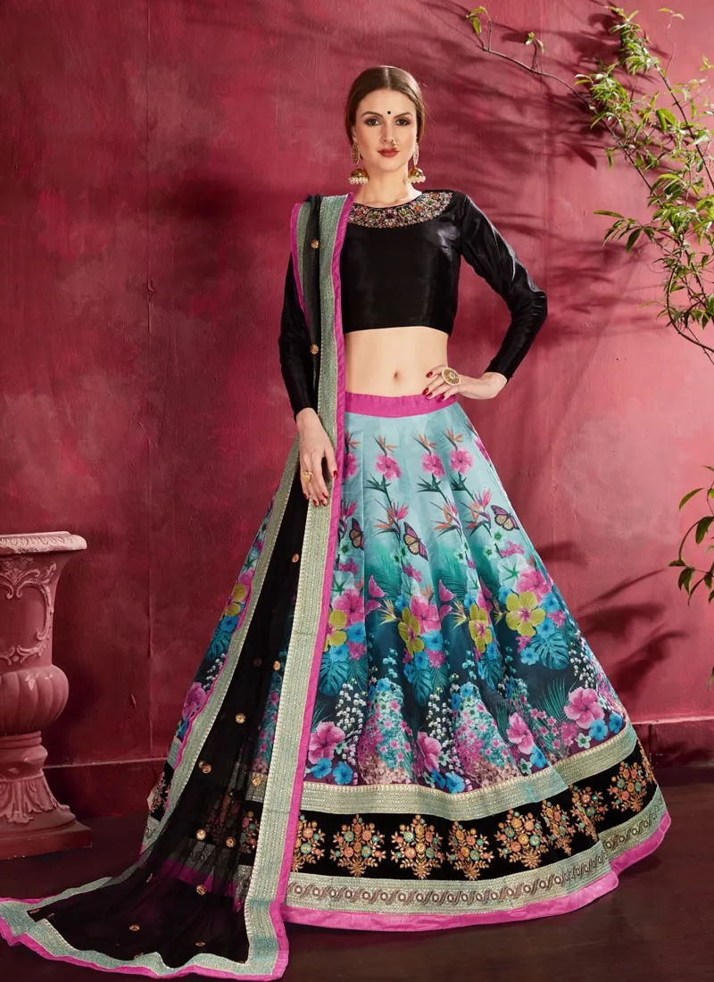 Black-Blue Exquisite Floral Embroidered Designer Lehenga