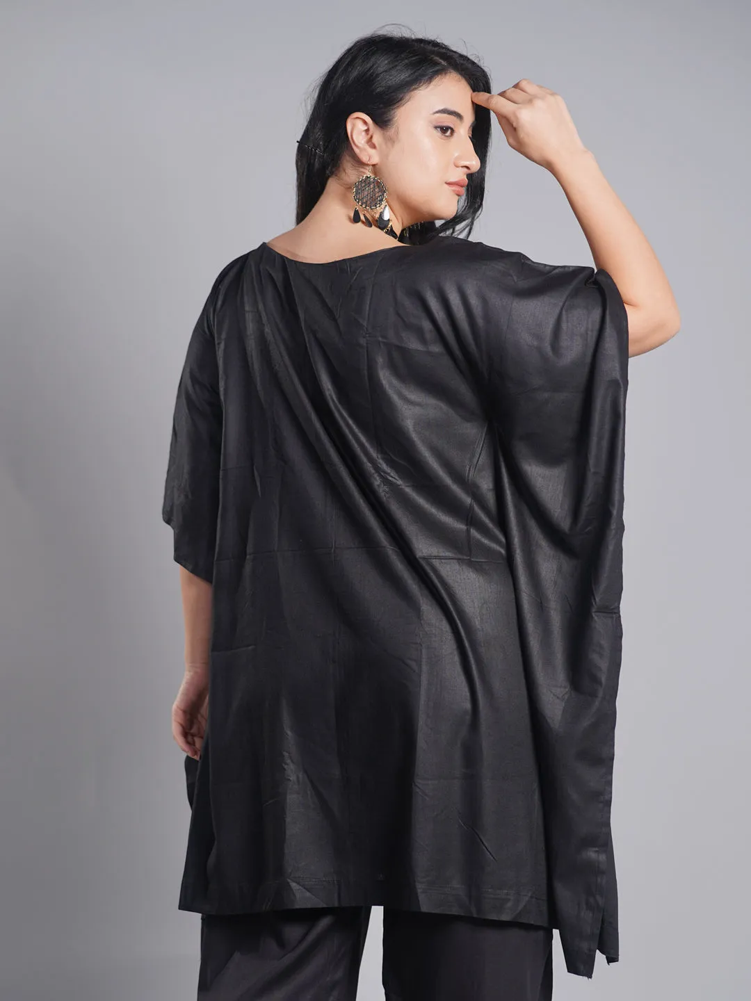 Black Rayon Kaftan - White Flowers