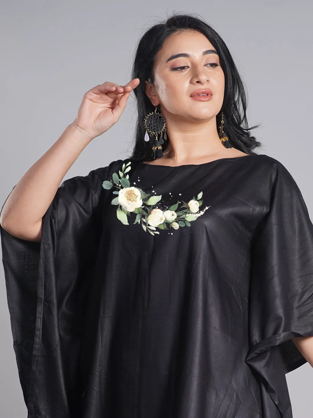 Black Rayon Kaftan - White Flowers