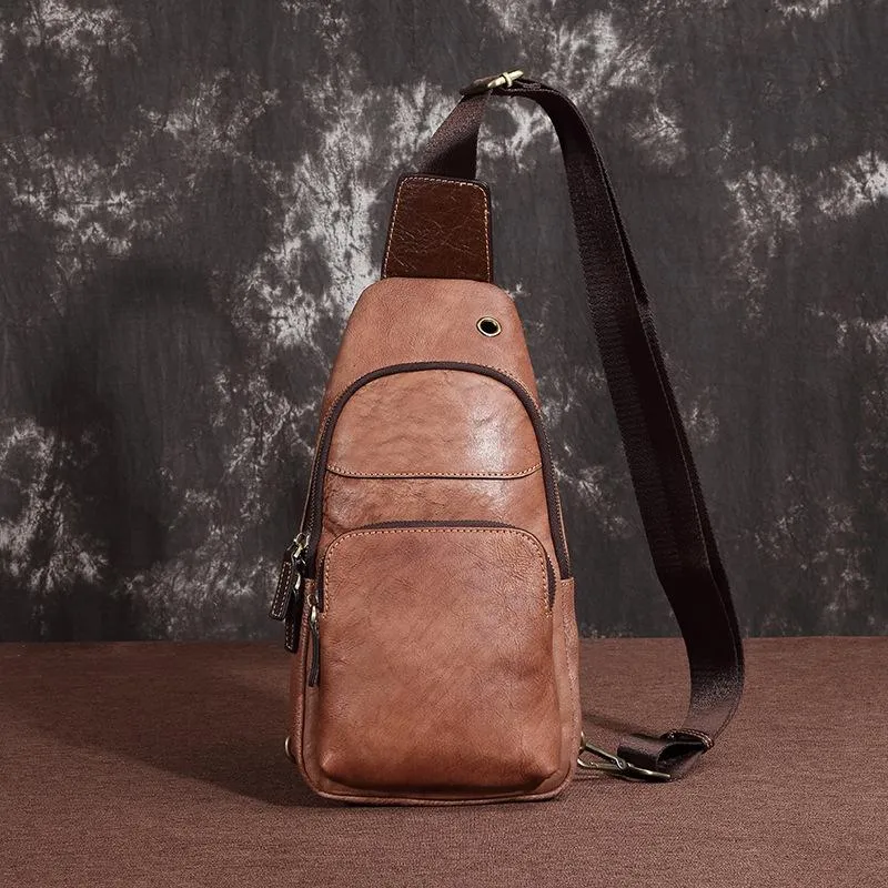 Brown Cool LEATHER MENS 8 inches Sling Bag Yellow One Shoulder Backpack Gray Chest Bag For Men