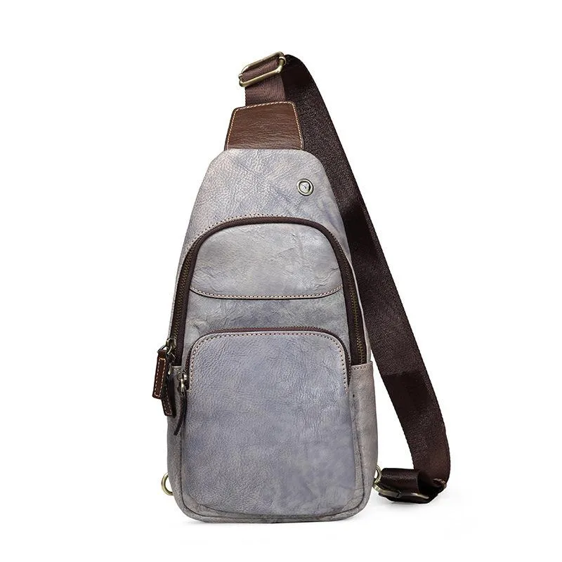 Brown Cool LEATHER MENS 8 inches Sling Bag Yellow One Shoulder Backpack Gray Chest Bag For Men