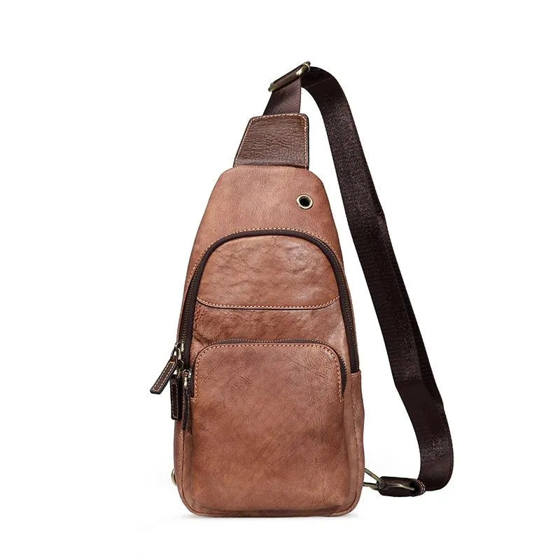 Brown Cool LEATHER MENS 8 inches Sling Bag Yellow One Shoulder Backpack Gray Chest Bag For Men