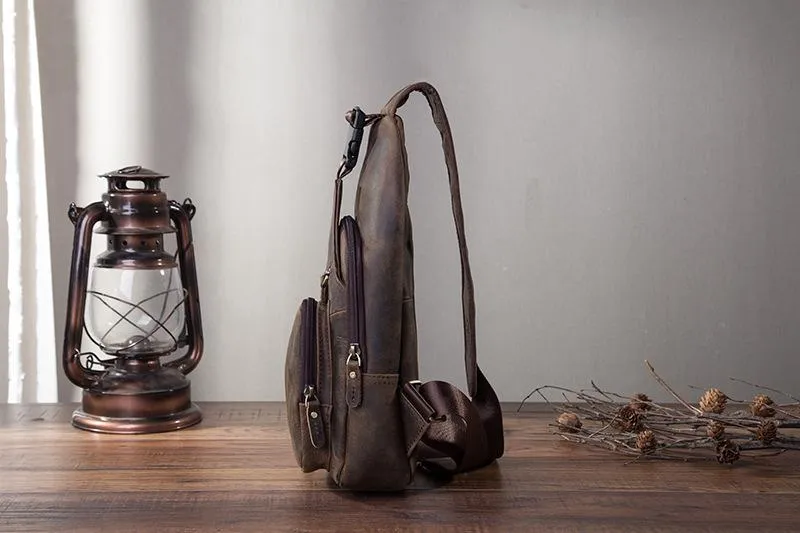 Brown Cool LEATHER MENS 8'' Sling Bag Coffee Chest Bag Brown One Shoulder Bag For Men