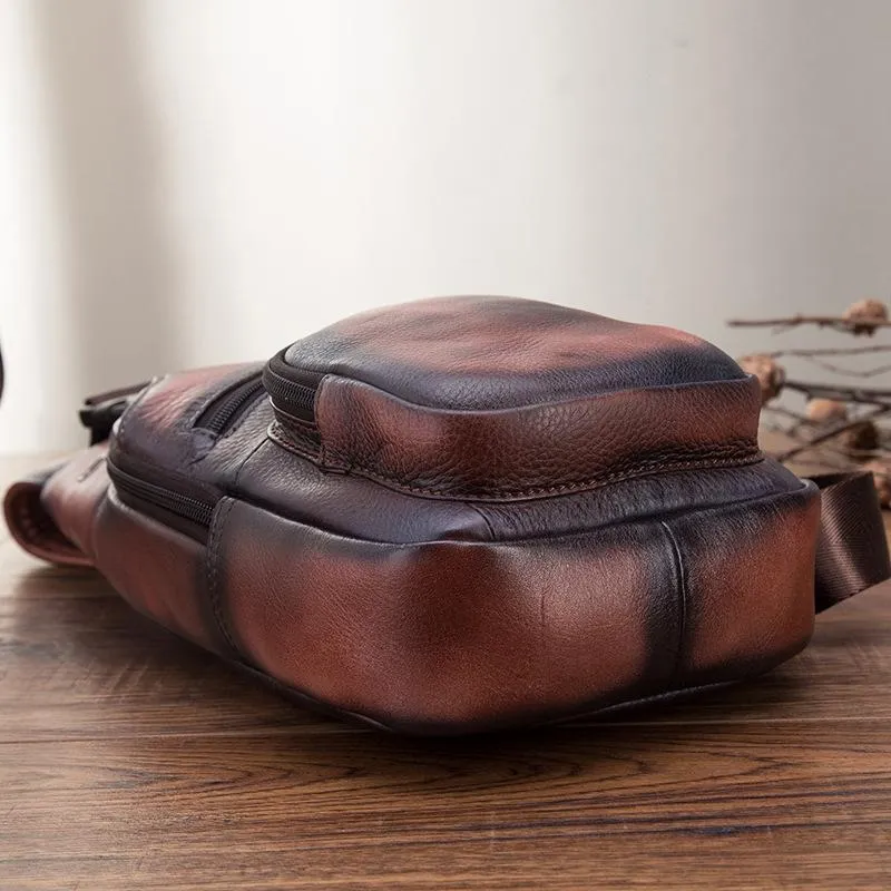 Brown Cool LEATHER MENS 8'' Sling Bag Coffee Chest Bag Brown One Shoulder Bag For Men