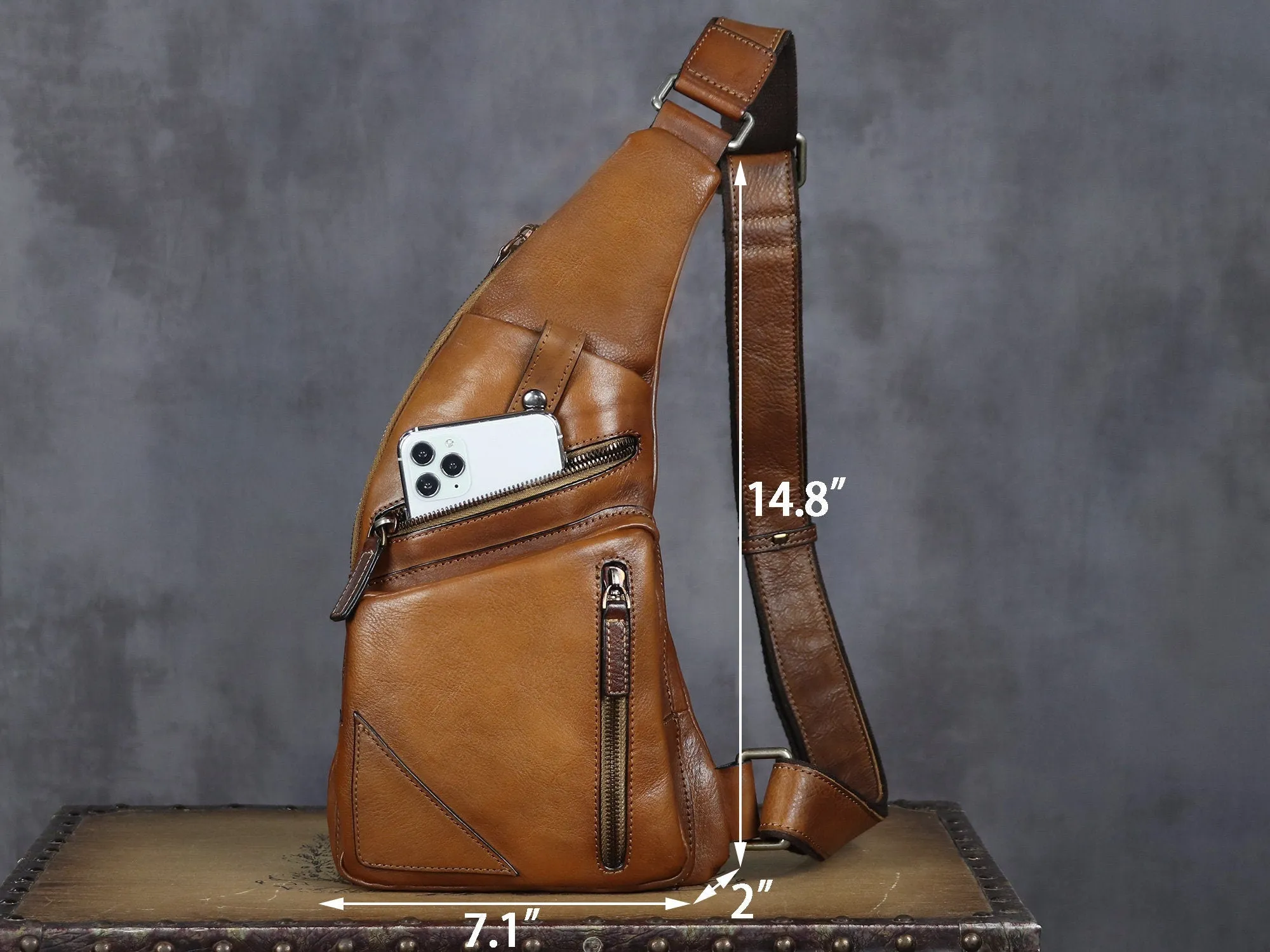 Brown Zipper Leather Sling Bag Crossbody Backpack