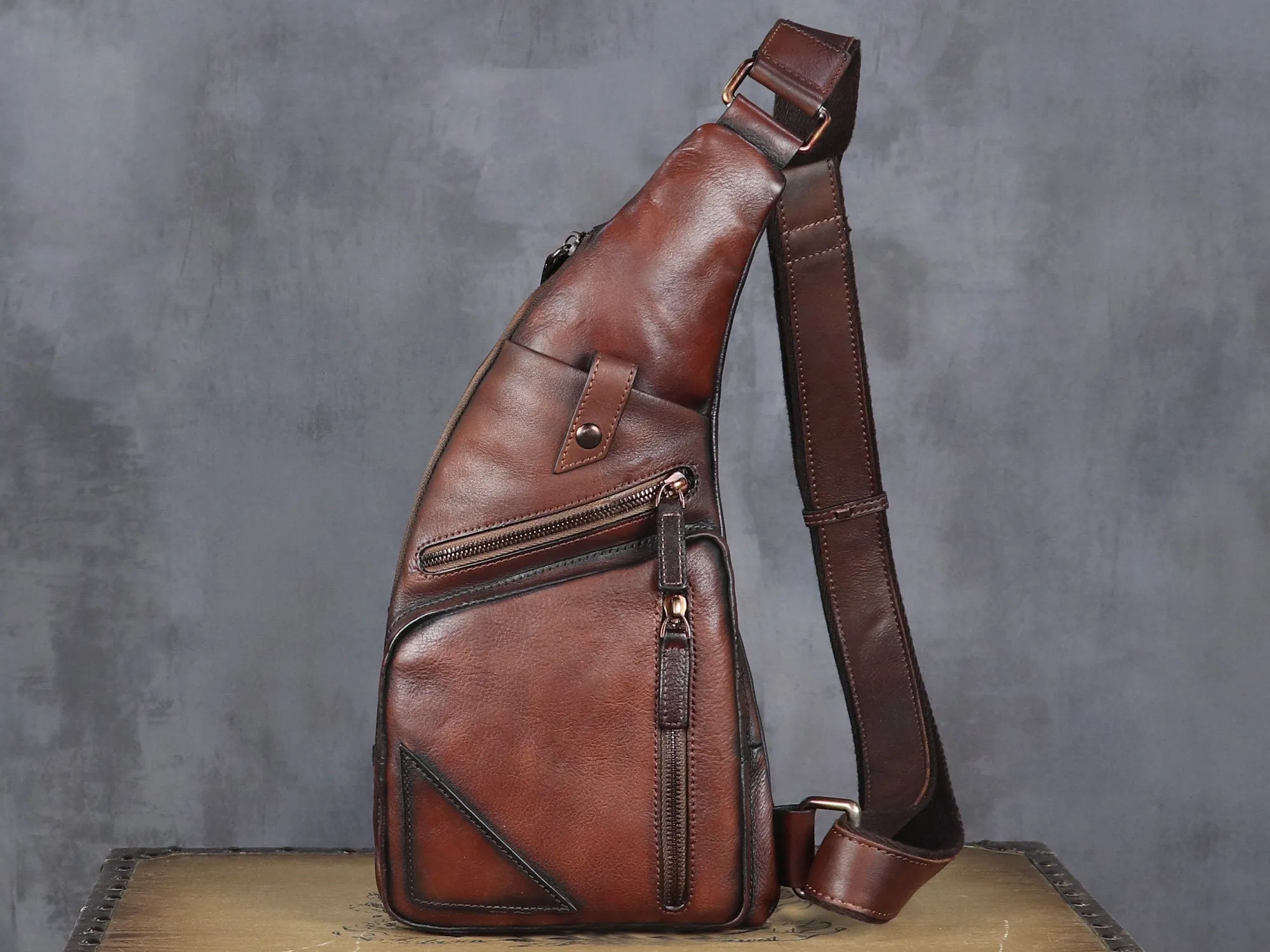 Brown Zipper Leather Sling Bag Crossbody Backpack