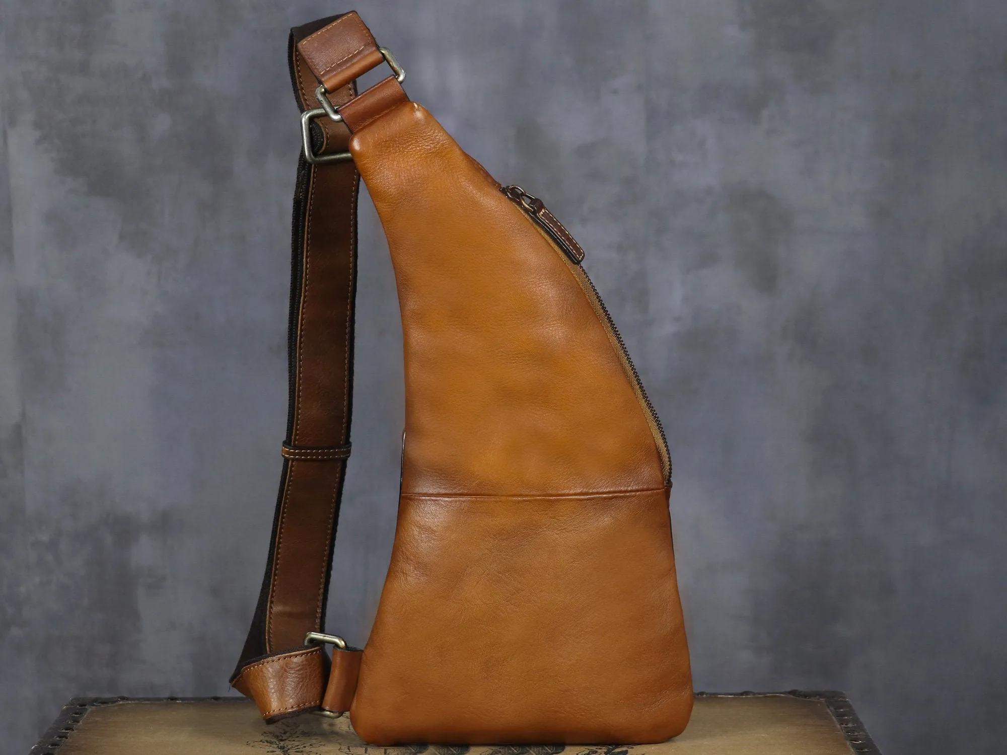 Brown Zipper Leather Sling Bag Crossbody Backpack