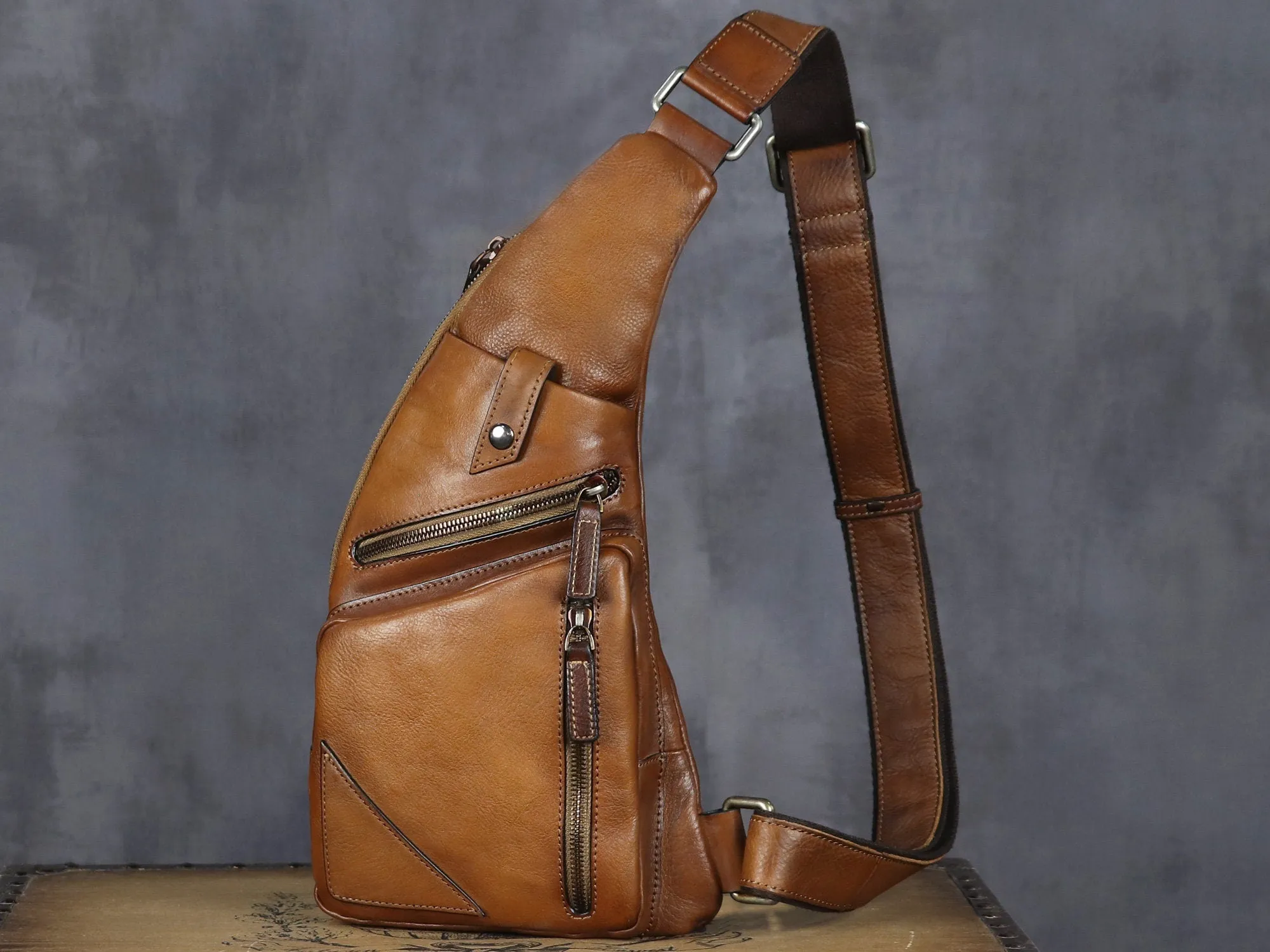 Brown Zipper Leather Sling Bag Crossbody Backpack