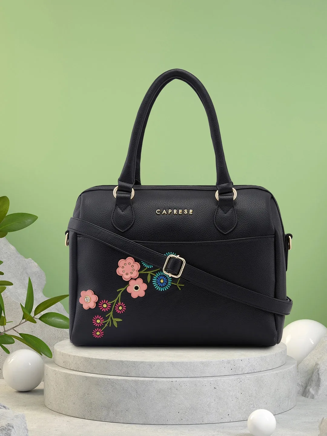 Caprese Erica Satchel Medium Black Embroidered Women's Handbag Black